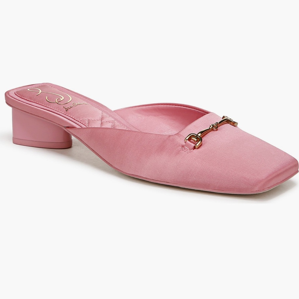 Sam Edelman Ollie Square Toe Pink Satin Bit Mule with Gold Hardware 1 1/4” heel
